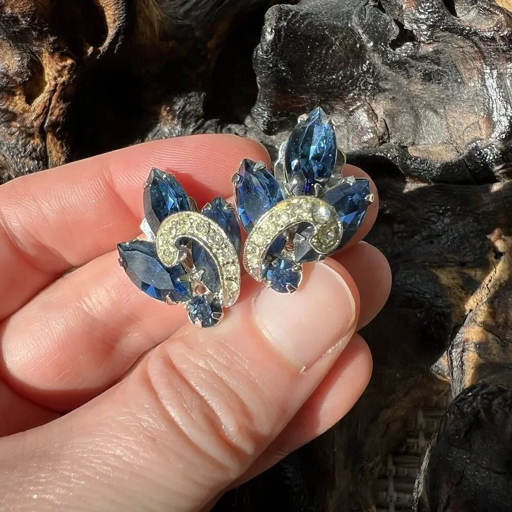 Vintage 50's Weiss Demi Parure Jewelry Blue Clear Leaf Set Clip Earrings Brooch